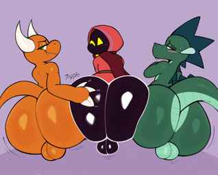 2_horns 4_fingers anthro backsack balls big_butt black_balls black_body blue_hood blush bottomless butt butt_focus butt_grab cape claws clothed clothing finger_claws fingers genitals green_balls green_body green_hair green_scales group hair hand_on_butt horn huge_butt humanoid_on_anthro looking_at_viewer looking_back male male/male nude onomatopoeia orange_balls orange_body orange_eyes orange_scales pupils purple_background purple_eyes red_cape red_clothing red_hood red_robe robe scales simple_background slit_pupils small_balls sound_effects text trio white_claws white_horn virito european_mythology mythology emerald_(ultilix) leo_the_magician to-be-named-later demon dragon humanoid mythological_creature mythological_scalie scalie shadow_creature western_dragon 2025 absurd_res hi_res