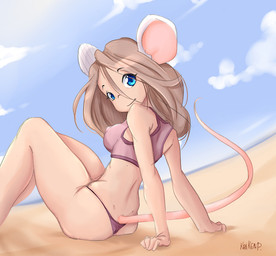 beach blue_eyes breasts butt clothed clothing female hair long_hair looking_at_viewer nipple_outline outside seaside smile solo sun swimwear krakenparty animal_humanoid humanoid mammal mammal_humanoid mouse_humanoid murid murid_humanoid murine murine_humanoid rodent rodent_humanoid 2018