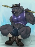 anthro biped blue_eyes bottomwear bulge clothing crop_top crouching fangs footwear fur hat headgear headwear hotpants male muscular muscular_anthro muscular_male navel scar shirt shoes shorts simple_background socks solo teeth topwear tambangwoof elden_ring fromsoftware blaidd_(elden_ring) canid canine canis mammal wolf hi_res