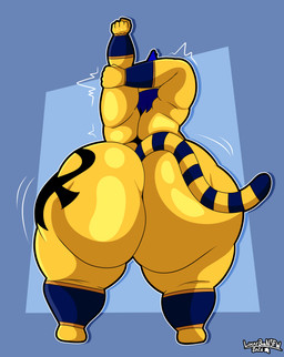 ankh anklet anthro big_butt bracelet butt clothed clothing female fur hair huge_butt hyper hyper_butt jewelry leg_tattoo motion_lines nude overweight overweight_anthro overweight_female rear_view solo stretching tail tattoo thick_thighs wide_hips yellow_body tuffthecat animal_crossing nintendo ankha_(animal_crossing) domestic_cat felid feline felis mammal hi_res