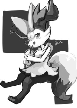 3_fingers 3_toes ambiguous_anthro ambiguous_gender anthro arm_tuft beverage big_tail biped blush blush_lines cheek_tuft chest_tuft digitigrade dipstick_tail drinking_straw facial_tuft feet fingers fur holding_beverage holding_object inner_ear_fluff licking licking_lips looking_at_viewer markings multicolored_body multicolored_fur nude_ambiguous nude_anthro pointy_ears prick_ears shoulder_tuft side_view simple_background sitting snout solo tail tail_markings toes tongue tongue_out tuft two_tone_tail ikei nintendo pokemon braixen canid generation_6_pokemon mammal pokemon_(species) 2021 cel_shading digital_drawing_(artwork) digital_media_(artwork) full-length_portrait greyscale hi_res monochrome portrait shaded signature