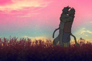 anthro carrying_another detailed_background duo fur grass hug kissing male male/male outside plant romantic romantic_ambiance romantic_couple star sunset whimsical paomer morenatsu shin_kuroi torahiko_ooshima domestic_cat felid feline felis mammal pantherine tiger