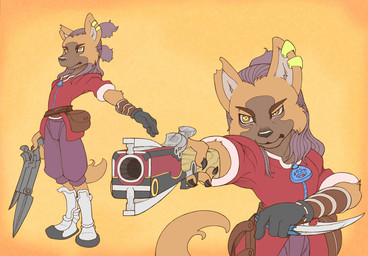 ambiguous_gender angry anthro bottomwear clothing dagger fanny_pack hair holding_object holding_weapon knife melee_weapon notched_ear orange_background pants purple_hair ranged_weapon reverse_grip simple_background solo tail weapon clantals299 canid canine canis domestic_dog mammal