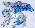 blue_body blue_eyes blue_fur claws digitigrade feathered_wings feathers feral fur male paws scar simple_background solo white_background white_body white_fur wings pearleden canid canine canis mammal wolf 5:4