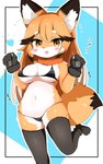 abstract_background alternate_species amber_eyes anthro bikini blush border breasts camel_toe claws clothed clothing female fur furrification gloves hair handwear kemono legwear looking_at_viewer micro_bikini on_one_leg one_leg_up open_mouth open_smile orange_body orange_fur orange_hair paw_gloves paws raised_leg scarf smile solo standing stockings swimwear two-piece_swimsuit white_body white_border white_fur mihihusuzu kemono_friends ezo_red_fox_(kemono_friends) canid canine ezo_red_fox fox mammal red_fox true_fox hi_res