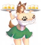 alcohol barmaid bear-hand beer beermaid beverage big_breasts blush bottomwear bracelet breast_tattoo breasts brown_body brown_eyes brown_fur brown_hair clothed clothing dirndl dog_tail female food food_tray footprint fur furry_tail green_bottomwear green_clothing green_skirt hair happy holding_object holding_tray huge_breasts jewelry looking_at_viewer maid_uniform pawprint pawprint_tattoo simple_background skirt smile solo spiked_bracelet spikes tail tattoo tray uniform white_background theycallhimcake lass_(matsu-sensei) animal_humanoid canid canid_humanoid canine canine_humanoid dog_humanoid humanoid mammal mammal_humanoid 2013