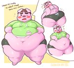 anthro back_rolls belly belly_overhang belly_rolls big_belly blush bodily_fluids bowl_cut breasts brown_hair butt chubby_cheeks clothing emanata fat_arms fat_legs fat_rolls female hair hooves leg_rolls love_handles navel obese obese_anthro obese_female overweight overweight_anthro overweight_female pig_nose pink_body solo surprise sweat text torn_clothing wardrobe_malfunction robirobi animal_crossing nintendo truffles_(animal_crossing) domestic_pig mammal suid suine sus_(pig) 2024 english_text hi_res