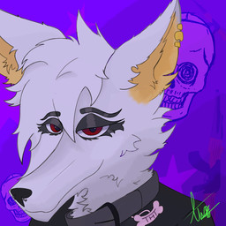 anthro bone clothing collar facial_piercing female fur hair long_hair nose_piercing orange_ears piercing purple_background red_eyes simple_background skull solo star topwear vest weapon white_body white_fur miguelgamer562 tht_(tht) canid canine canis jackal mammal 1:1 hi_res