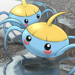 ambiguous_feral ambiguous_gender black_eyes blue_body concrete duo featureless_legs feral glistening glistening_eyes markings multicolored_body quadruped red_markings reflection ripples two_tone_body water yellow_body spicyichizo nintendo pokemon arthropod generation_3_pokemon insect pokemon_(species) surskit 1:1 2026 absurd_res hi_res shaded
