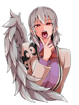 1_wing breasts clothed clothing cunnilingus_gesture eyelashes eyelashes_through_hair female gesture grey_hair hair jacket narrowed_eyes open_mouth red_eyes simple_background solo suggestive suggestive_gesture teeth tongue tongue_out topwear translucent translucent_hair white_background wings kuroba_rapid touhou sagume_kishin humanoid winged_humanoid 3:4