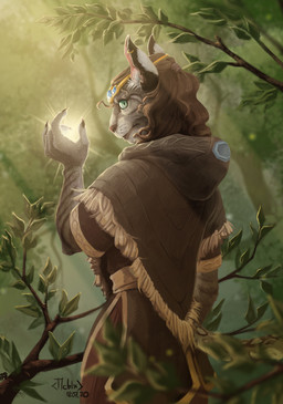 ambiguous_gender anthro brown_clothing brown_hair clothing ear_piercing ear_ring fur gold_(metal) gold_jewelry green_eyes grey_body grey_fur hair jewelry leaf looking_at_viewer looking_back looking_back_at_viewer magic_user piercing plant ring_piercing solo tail tree a_littlecrazy microsoft the_elder_scrolls felid khajiit mammal 2020 absurd_res hi_res