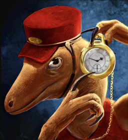 abstract_background claws clock clothing conductor conductor_hat feral gesture hand_gesture hat headgear headwear looking_at_viewer male orange_body orange_scales pocketwatch pointing scales solo topwear vest watch gaelcasart dinosaur_train pbs white_rabbit_pointing_at_clock_(meme) mr._conductor_(dinosaur_train) dinosaur prehistoric_species reptile saurischian scalie theropod troodon troodontid hi_res meme