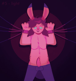 anthro bdsm body_hair bondage bound cuff_(restraint) curly_hair erection genitals hair light_bondage male mastectomy_scar mind_control penis raised_arms restraints ringed_eyes scar solo spotlight standing ofthestarlesssea hypnovember hypnovember2025 morgan_(ofthestarlesssea) lagomorph leporid mammal rabbit hi_res lineless portrait shaded simple_shading three-quarter_portrait nonbinary_(lore)