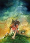 abstract_background anthro biped grass hair long_hair lying male plant simple_background smile solo alectorfencer canid canine fox mammal 2009