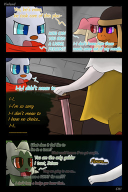 anthro badge book cloth dialogue fantasy freckled_face freckles semi-anthro speech_bubble text vinland nintendo pokemon pokemon_mystery_dungeon spike_chunsoft anders_(infinitydoom) ano_(vinland) brixen_(vinland) sebastian_(infinitydoom) audino braixen charmander floragato generation_1_pokemon generation_5_pokemon generation_6_pokemon generation_9_pokemon oshawott pokemon_(species) 2:3 absurd_res comic cover_art english_text hi_res story