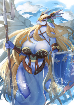 anthro big_breasts blonde_hair blue_eyes breasts clothed clothing feathered_wings feathers female hair holding_object holding_weapon horn huge_breasts melee_weapon navel non-mammal_breasts non-mammal_navel shield solo weapon wings passionpit777 konami mythology yu-gi-oh! saffira_queen_of_dragons dragon duel_monster feathered_dragon feathered_scalie mythological_creature mythological_scalie scalie hi_res