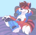 anthro bed bedding blanket blue_clothing blue_footwear blue_sock blue_socks clothed clothing cock_sock footwear furniture male mars penis_clothing pillow removing_socks shirt sock_fetish socks socks_removed solo topwear roarey_raccoon thefandox canid canine fox mammal hi_res