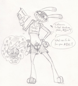 anthro balls censored_speech censored_text chastity_cage chastity_device clothed clothed_anthro clothed_male clothing dialogue embarrassed femboy flat_chastity_cage genitals grawlixes inner_thoughts male male_anthro solo speech_bubble text text_on_clothing text_on_topwear topwear visible_self waiter denton femboy_hooters femboy_shrinkers glitch_productions hooters the_amazing_digital_circus jax_(tadc) humanoid lagomorph leporid mammal rabbit 2026 absurd_res english_text hi_res traditional_media_(artwork)