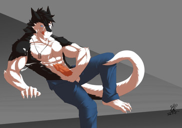 abs animal_genitalia anthro balls biceps big_muscles biped black_body black_fur black_hair blue_eyes bodily_fluids bottomwear claws clothed clothing cum erection fur genital_fluids genitals grey_background hair looking_at_viewer male masturbation muscular muscular_anthro muscular_male pants pecs penile penile_masturbation penis simple_background smile solo tail topless white_body white_fur fallout microsoft discordnight mammal sergal hi_res