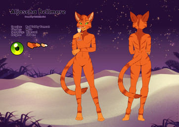 anthro featureless_crotch fur green_eyes knife markings nude nude_anthro orange_body orange_fur solo striped_markings stripes rukifox domestic_cat felid feline felis mammal model_sheet
