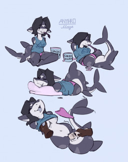 4_missing_limbs amputee anthro black_body black_hair breasts butt clothed clothing disability duo female genitals hair limb_regression limbless lying on_back panties pillow quadruple_amputee sex sex_toy solo_focus submissive submissive_female toying_partner underwear vulva anthromage anna_magenta fish marine shark hi_res