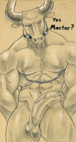 abs anthro balls barazoku biceps big_penis bodily_fluids chain chain_piercing collar erection foreskin genital_fluids genitals horn humanoid_genitalia humanoid_penis linked_nipples linked_piercing male muscular muscular_anthro muscular_male muscular_sub navel nipple_chain nipple_piercing nipples pecs penis piercing precum saggy_balls slave solo submissive submissive_male text tush_(artist) european_mythology greek_mythology mythology bovid bovine cattle mammal minotaur 2019 absurd_res english_text hi_res