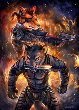5_fingers abs abstract_background alternate_species amputee angry anthro anthrofied armor brown_hair bulge clothing disability duo eye_patch eyewear fangs fingers fire fur furrification grey_body grey_fur gun hair handgun knife male muscular orange_body orange_fur pistol ranged_weapon red_eyes teeth weapon whiskers white_body white_fur yellow_eyes cheetahpaws konami metal_gear d-dog venom_snake canid canine canis fox mammal wolf 2016 hi_res