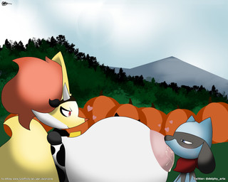 animal_print anthro areola big_breasts bodily_fluids breastfeeding breasts collar cow_print cowbell cowbell_collar duo female heart_symbol huge_breasts hyper hyper_breasts lactating male milk_drip pink_areola size_difference text delphyarts nintendo pokemon delphox generation_4_pokemon generation_6_pokemon pokemon_(species) riolu absurd_res hi_res url