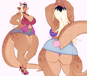 2_horns anthro big_breasts big_butt biped black_hair blonde_hair bottomwear breasts brown_body butt clothed clothing ear_piercing ear_ring female footwear hair hand_on_hip hand_on_own_hip high_heels hoop_ear_ring horn lips long_tail multicolored_hair non-mammal_breasts non-mammal_hair panties piercing pink_lips rear_view ring_piercing shoes skirt solo tail thick_lips thick_thighs topwear two_tone_hair underwear littlesheep mythology maria_(littlesheep) dragon mythological_creature mythological_scalie scalie hi_res