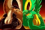 anthro ass_to_ass belly brown_body duo facial_hair green_body grin leather_daddy male male/male mustache overweight red_eyes smile smirk yellow_sclera nobody_shapes kings_of_hell mythology beithir_(kings_of_hell) bune_(kings_of_hell) dragon mythological_creature mythological_scalie scalie hi_res