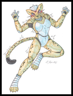 4_toes anthro black_border border breasts claws feet female machine markings nude paws red_eyes simple_background solo spots spotted_body tail toes yellow_body cougar_leon dc_comics cheetah_(dc) android cheetah felid feline mammal robot colored_pencil_(artwork) hi_res traditional_media_(artwork)