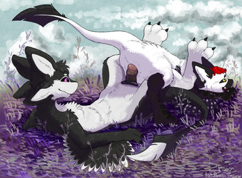 3_fingers 3_toes 4_ears animal_genitalia animal_penis anthro black_body black_claws black_feathers black_fur black_genitals black_sclera claws cloaca cloacal cloacal_penetration cloud duo equine_genitalia equine_penis erection feathered_wings feathers feet fingers fur genitals grass hair humanoid_genitalia lying male male/male medial_ring multi_ear multicolored_body nude on_back open_mouth outside paws penetration penile penis pink_genitals pink_penis plant purple_eyes red_hair sex sky smile tail teeth text toes tuft vulva white_body white_feathers white_fur white_tail winged_arms wings yellow_eyes pombo_meow fyr_(fenrir784) layvan_(avali) avali avian bird 2026 absurd_res hi_res