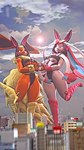 breasts city clothing duo female female/female heart_gesture hoodie macro ribbons_(anatomy) sun tail text topwear savitarpg12 nintendo pokemon eeveelution flareon generation_1_pokemon generation_4_pokemon generation_6_pokemon hybrid lopunny pokemon_(species) sylveon 3d_(artwork) 9:16 digital_media_(artwork) english_text hi_res