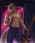 2024 abs anthro beverage bottomwear clothed clothed_anthro clothed_male clothing dinosaur gloves guitar handwear lunalei male musical_instrument nipples pants pecs plucked_string_instrument reptile rocco_(tallion) scales scalie sharp_teeth solo spikes spikes_(anatomy) string_instrument teeth theropod topless topless_anthro topless_male tyrannosaurid tyrannosauroid tyrannosaurus tyrannosaurus_rex