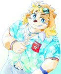 aloha_shirt anthro belly blonde_hair blue_eyes clothing eyewear floppy_ears grin hair jewelry male necklace pattern_clothing pattern_shirt pattern_topwear shirt slightly_chubby smile solo sunglasses tattoo topwear ottyo_kope lifewonders live_a_hero hisaki_(live_a_hero) canid canine canis domestic_dog mammal 5:6 hi_res