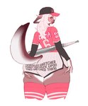 anthro baseball_cap baseball_uniform big_butt butt clothing female fur hat headgear headwear heart_symbol huge_butt looking_back pink_body pink_clothing pink_fur solo sportswear text text_on_clothing uniform aslinino ceaseless_watcher_(meme) lilia_(aslinino) bat canid canine fox mammal