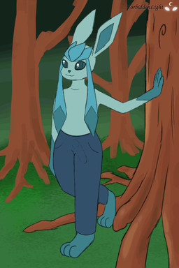 anthro anthrofied balls bodily_fluids clothed clothing erection erection_under_clothing femboy genital_fluids genitals humanoid_genitalia humanoid_penis male outside peeing peeing_while_erect penis solo urethra urine watersports wetting forbiddenlight nintendo pokemon eeveelution generation_4_pokemon glaceon pokemon_(species) animated
