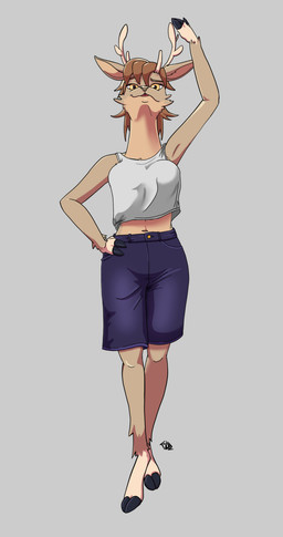 anthro antlers bottomwear brown_hair clothing crop_top denim denim_bottomwear denim_clothing denim_shorts female front_view fur hair hooves horn larger_female long_snout low-angle_view midriff multicolored_body multicolored_fur navel shirt shorts size_difference snout solo standing tan_body tan_fur topwear two_tone_body two_tone_fur yellow_eyes thedeerzone deer mammal new_world_deer reindeer hi_res