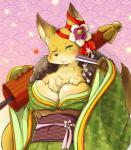 anthro asian_clothing big_breasts breasts chest_tuft cleavage clothed clothing east_asian_clothing female flower folding_fan green_eyes heart_symbol huge_breasts japanese_clothing kimono looking_at_viewer one_eye_closed plant simple_background smile solo tuft umbrella wink setouchi_kurage muramasa:_princess_commander silicon_studio okabe_masatsuna canid canine fox mammal