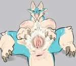 anthro anus areola bodily_fluids breasts capcom claws fanged_wyvern female fur genital_fluids genitals hair hairy_pussy hi_res horn lying monster_hunter nipples nude presenting presenting_pussy pubes pussy solo solterv spread_legs spread_pussy spreading zinogre