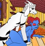 anthro bedroom_sex being_watched blue_body breasts building duo female from_behind_position genitals hair horn house looking_at_another male male/female nipples non-mammal_nipples penetration pussy rear_view red_hair sex simple_coloring tattoo vaginal vaginal_penetration hrisaura deltarune undertale undertale_(series) asriel_dreemurr_(god_form) undyne bovid caprine fish goat humanoid mammal marine hi_res