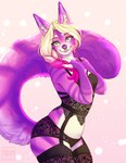 abstract_background anthro barbell_piercing black_bottomwear black_clothing black_topwear blonde_hair bottomwear circular_barbell_piercing clothing eyelashes facial_piercing female fur green_eyes hair lingerie looking_at_viewer multicolored_hair nose_piercing piercing pink_body pink_fur pink_hair pink_tail purple_body purple_fur purple_tail septum_circular_barbell septum_piercing smile solo standing tail topwear two_tone_hair white_body white_fur tiggybloom felid mammal hi_res portrait three-quarter_portrait