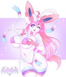 5_fingers anthro big_breasts black_nose breasts clothing fangs female fingers fur hair legwear long_hair looking_at_viewer navel one_eye_closed open_mouth solo teeth kitsuumi nintendo pokemon eeveelution generation_6_pokemon mammal pokemon_(species) sylveon 2022 absurd_res digital_media_(artwork) hi_res