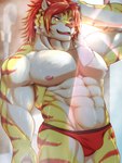 abs anthro bulge clothing detailed_bulge fur male muscular muscular_anthro muscular_male nipples pecs solo striped_body striped_fur stripes towel underwear wet afezeria1844 lifewonders tokyo_afterschool_summoners nomad_(tas) felid mammal pantherine tiger 3:4 hi_res