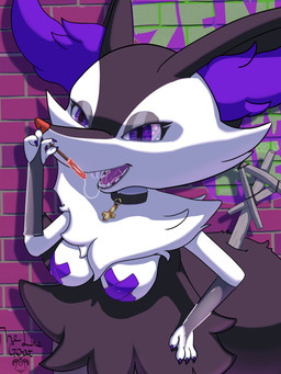 alternate_color anthro areola bodily_fluids breasts brick brick_wall candy clothing cross cross_necklace dessert drooling female food fur graffiti graffiti_on_wall hair inner_ear_fluff jewelry latex latex_clothing lollipop looking_at_viewer necklace nipple_tape open_mouth pasties saliva smile solo tail tape teeth text tongue tuft wall_(structure) the_line_goat braixen_day nintendo pokemon pokemon-specific_day braixen canid canine generation_6_pokemon mammal pokemon_(species) 3:4 absurd_res digital_media_(artwork) hi_res