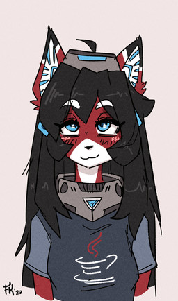 :3 ahoge anthro black_body black_fur black_hair blue_eyes blush breasts clothed clothing female fur hair machine messy_hair multicolored_body multicolored_fur red_body red_fur shirt simple_background smile solo t-shirt tired topwear white_body white_fur conditional_dnp fluff-kevlar ara_(fluff-kevlar) android domestic_cat felid feline felis mammal robot 2023 digital_media_(artwork) hi_res signature
