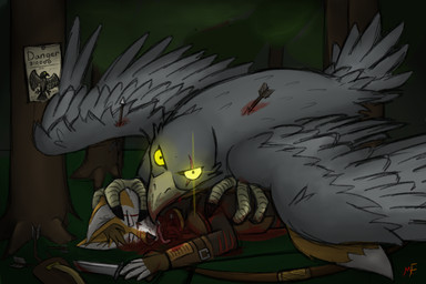 ambiguous_gender armor arrow_(weapon) arrowed blood bodily_fluids bow_(weapon) danger_sign death decapitation duo eye_scar facial_scar feathered_wings feathers feet forest_background glowing glowing_eyes gore hard_vore holding_head knife looking_at_viewer plant quiver_(object) ranged_weapon scar scratches severed_body_part severed_head size_difference talons toes tree vore wanted_poster weapon wings wounded yellow_eyes metal_fox117 avian bird canid canine fox mammal
