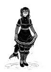 alternative_fashion anthro bottomwear clothed clothing footwear goth hair one-piece_swimsuit puddle shoes skirt swimwear tail tail_under_skirt wet wet_hair hladilnik lonely_shark_(hladilnik) fish marine shark 2021 black_and_white hi_res monochrome