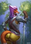 anthro armor big_butt breastplate butt cloth clothed clothing fantasy female forest forest_background fully_clothed fur gesture gloves green_background handwear knight leather leather_clothing leather_gloves leather_handwear melee_weapon metal nature nature_background orange_body orange_fur plant purple_background rear_view red_eyes shoulder_pads simple_background solo suggestive suggestive_gesture suggestive_look suggestive_pose sword tight_clothing tree warrior weapon zweihander buckovskiart disney robin_hood_(disney) maid_marian canid canine fox mammal red_fox true_fox absurd_res hi_res