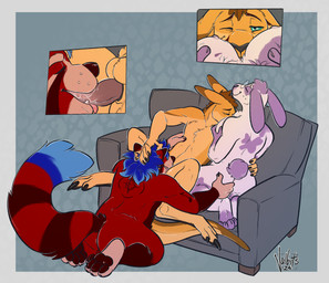 3_toes 4_toes anatomically_correct anatomically_correct_genitalia animal_genitalia animal_penis anthro balls balls_above_penis bisexual blue_hair breasts brown_body brown_fur butt close_up_panel clothing erection eyes_closed eyewear feet fellatio female fur genitals glasses group hair highlights_(coloring) male male/female male/male nipples nude oral pawpads paws penetration penile penis purple_body purple_fur red_body red_fur sex shoving shoving_face_in_breasts simple_background smothering tail toes tongue trio underwear vaginal vulva valbits bronzephantom hunnystrawberrybunny redcreate71 ailurid kangaroo lagomorph leporid macropod mammal marsupial rabbit red_panda hi_res